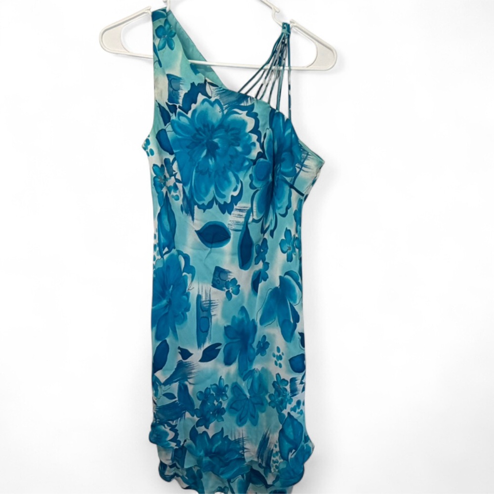 Y2K One Shoulder Blue Floral Dress Size 10 Ruffle Hem Cocktail Evan Picone